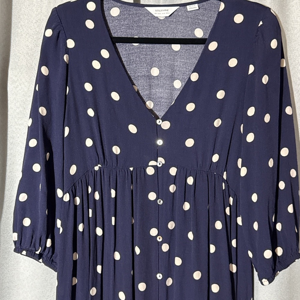 Seraphine Marge Maternity Nursing Dress US 4 Navy Blue Polka Dot V-Neck Midi - Picture 2 of 8